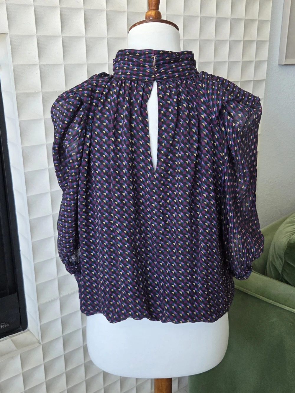Ramy Brook Avelina Silk Top Navy Geometric Print Puff Sleeve Smocked Hem Large - Picture 8 of 9